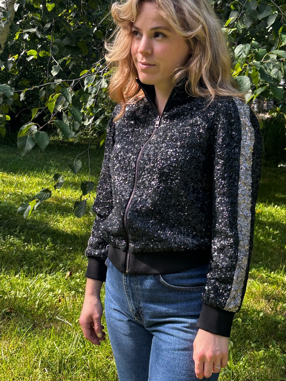 Zadig & Voltaire Deluxe Baby Seq Sequin Bomber Jacket in Black and Silver